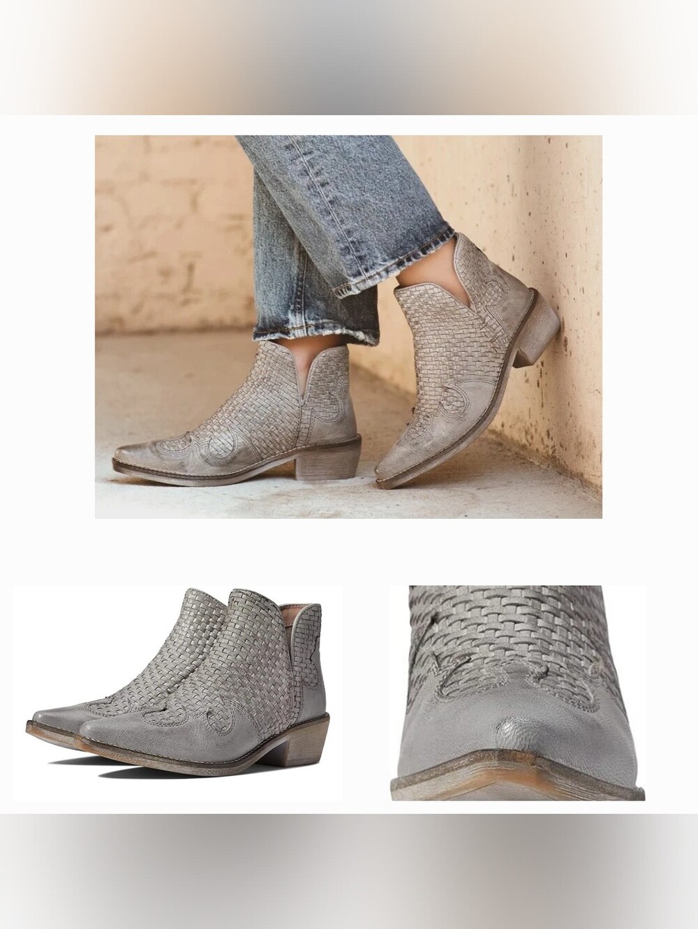 Woven Leather Ankle Bootie in Light Gray - Women's